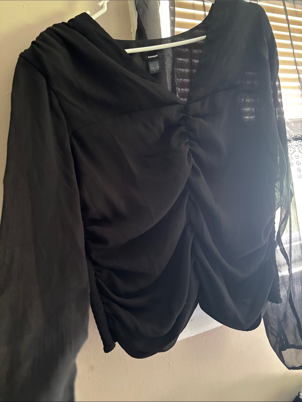 Express Black Sheer V-Neck Ruched Blouse